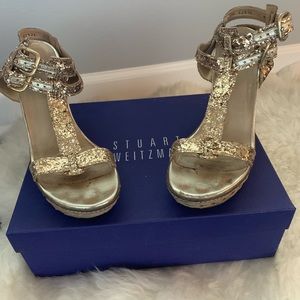 Stuart Weitzman gold glitter espadrille wedges